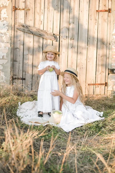 Preciosas Hermanas Rubias Vestidos Blancos Sombreros Paja Ríen Comen Manzanas —  Fotos de Stock