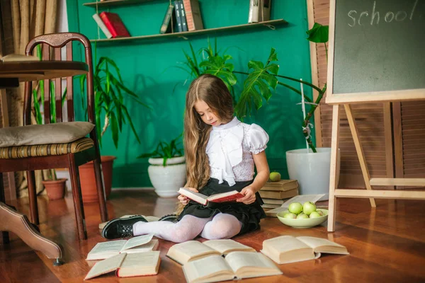 Sweet Schoolgirl Junior Classes Long Blond Hair Books School Board — Stock Photo, Image