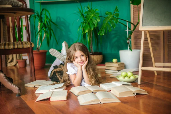 Sweet Schoolgirl Junior Classes Long Blond Hair Books School Board — Stock Photo, Image