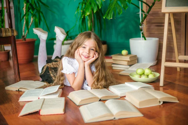 Sweet Schoolgirl Junior Classes Long Blond Hair Books School Board — Stock Photo, Image