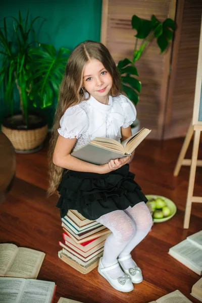 Sweet Schoolgirl Junior Classes Long Blond Hair Books School Board — Stock Photo, Image