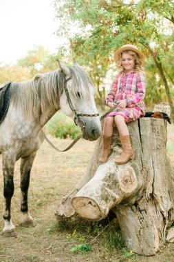 Vintage ekose elbise ve hasır şapka ve gri bir atı hafif kıvırcık saçlı tatlı bir küçük kız. Kırsal yaşam Güz. Atlar ve insanlar