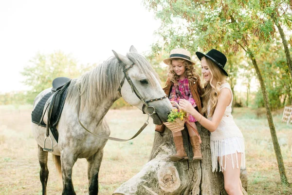 美丽的年轻女孩与金发在一个麂皮绒夹克与小妹妹在一个稻草帽和格子复古礼服与马在阳光明媚的秋天的一天在农村 — 图库照片