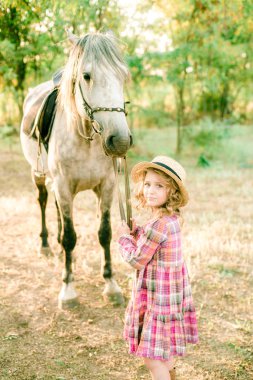 Vintage ekose elbise ve hasır şapka ve gri bir atı hafif kıvırcık saçlı tatlı bir küçük kız. Kırsal yaşam Güz. Atlar ve insanlar