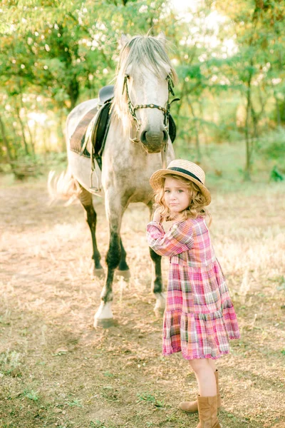 一个漂亮的小女孩 在老式的格子礼服和草帽和灰色的马 卷发卷曲的头发 农村生活在秋季 马和人 — 图库照片