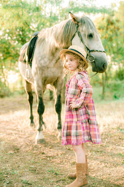 A nice little girl with light curly hair in a vintage plaid dress and a straw hat and a gray horse. Rural life in autumn. Horses and people