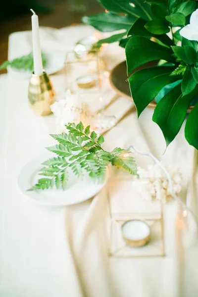 在热带风格的婚礼装饰品的元素 带有热带叶子和白色兰花 粪便和蜡烛的闺房装饰品 — 图库照片