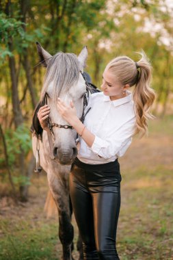 Tek tip yarışmada hafif saçlı güzel genç kız onun atı hugs: açık havada dikey sonbahar günbatımı güneşli gün