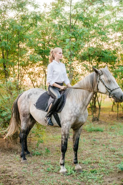 Beautiful Young Girl Light Hair Uniform Competition Smiling Astride Horse — Stock Photo, Image