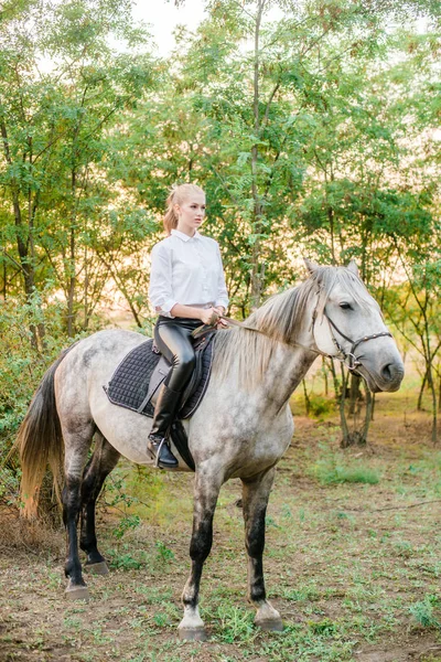 Bella Ragazza Con Capelli Chiari Competizione Uniforme Sorridente Cavallo Tramonto — Foto Stock