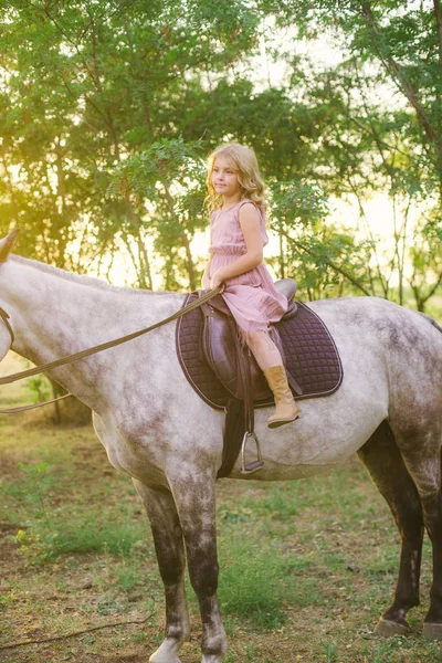 小可爱的女孩 在一个阳光明媚的秋日 在夕阳下骑着一匹马在一个草帽的卷发 — 图库照片