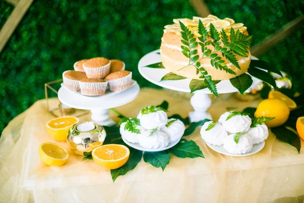 Eine Festliche Kandi Bar Tropischen Stil Mit Zitronenkuchenmuffins Und Marshmallows — Stockfoto