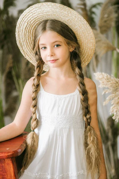 Sweet Little Girl Long Blond Hair White Sarafan Straw Hat — Stock Photo, Image