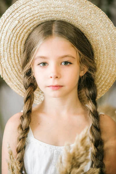 Sweet Little Girl Long Blond Hair White Sarafan Straw Hat — Stock Photo, Image
