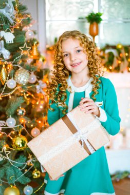 Kıvırcık saçlı sarışın evde hediyeler ve çelenk ve ekoseler ve yastıklar üzerinde oturan bir şekilde dekore edilmiş bir şömine ile Noel ağacı yakınındaki sevimli küçük kız
