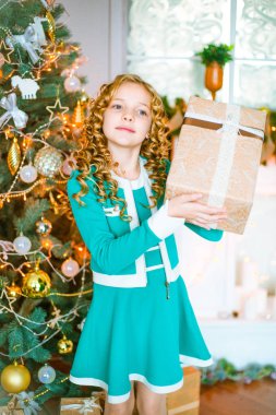 Kıvırcık saçlı sarışın evde hediyeler ve çelenk ve ekoseler ve yastıklar üzerinde oturan bir şekilde dekore edilmiş bir şömine ile Noel ağacı yakınındaki sevimli küçük kız