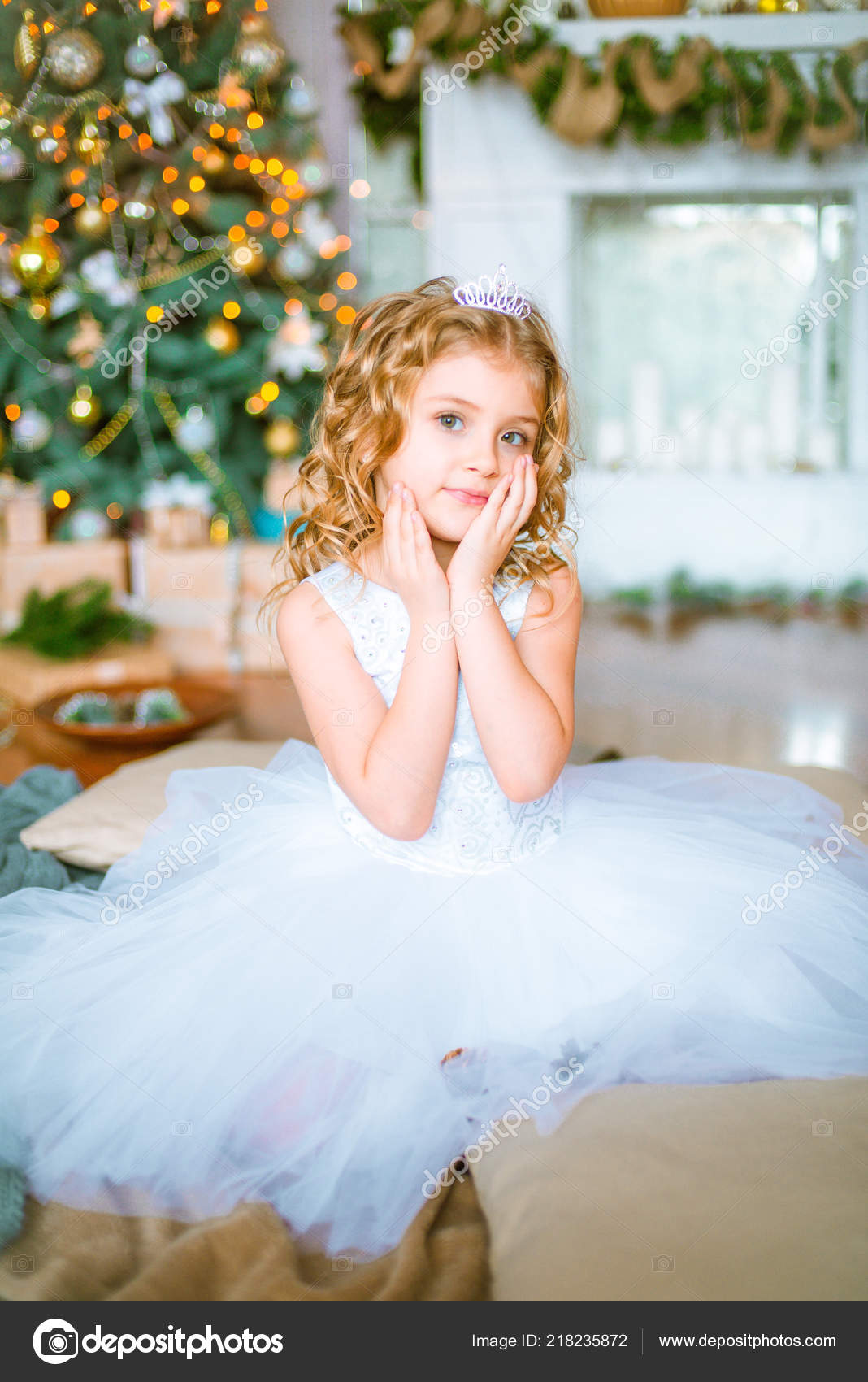 Cute Little Girl Curly Blond Hair Home Christmas Tree Gifts