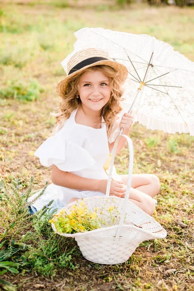 Nice Little Girl Light Curls Straw Hat White Dress Lace — Stock Photo, Image