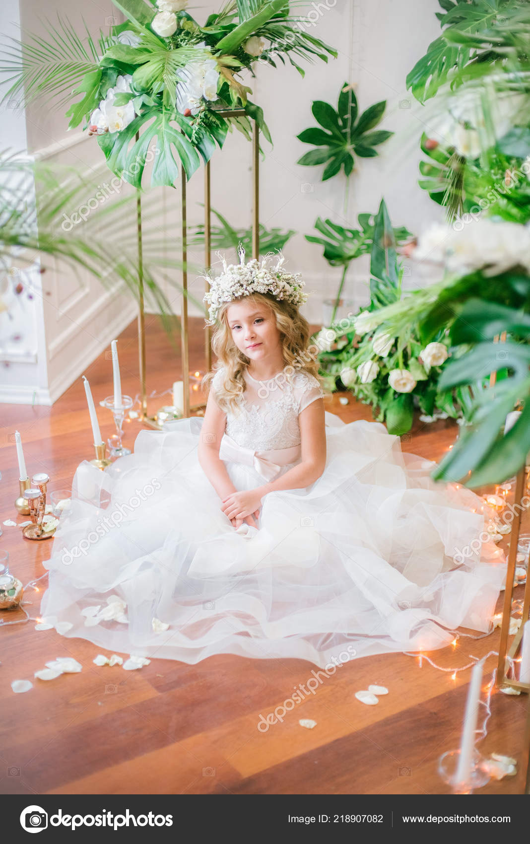 Cute Little Girl Blond Curly Hair White Wedding Dress Wreath