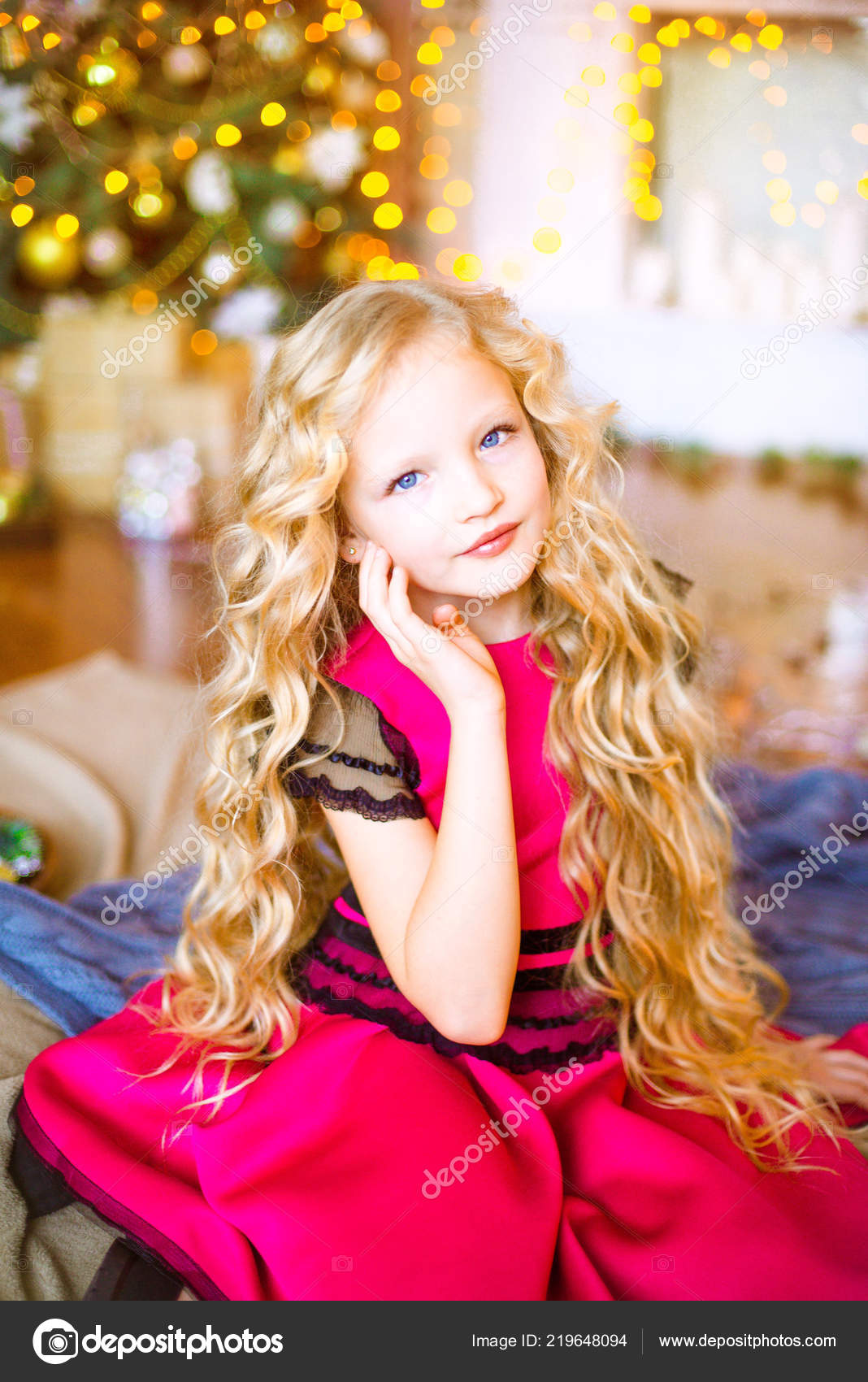 Cute Little Girl Long Curly Blond Hair Home Christmas Tree Stock