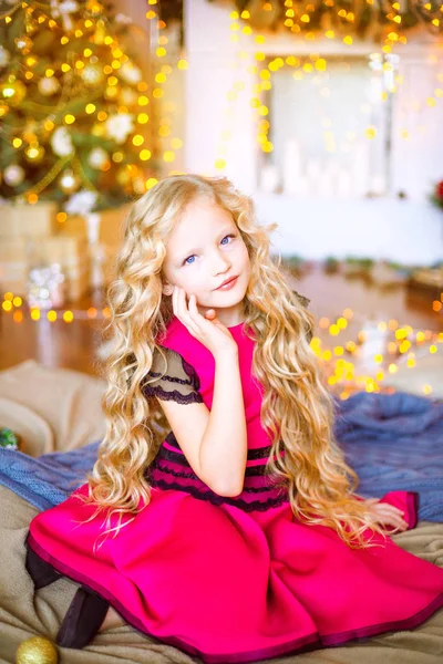Cute Little Girl Long Curly Blond Hair Home Christmas Tree — Stock Photo, Image