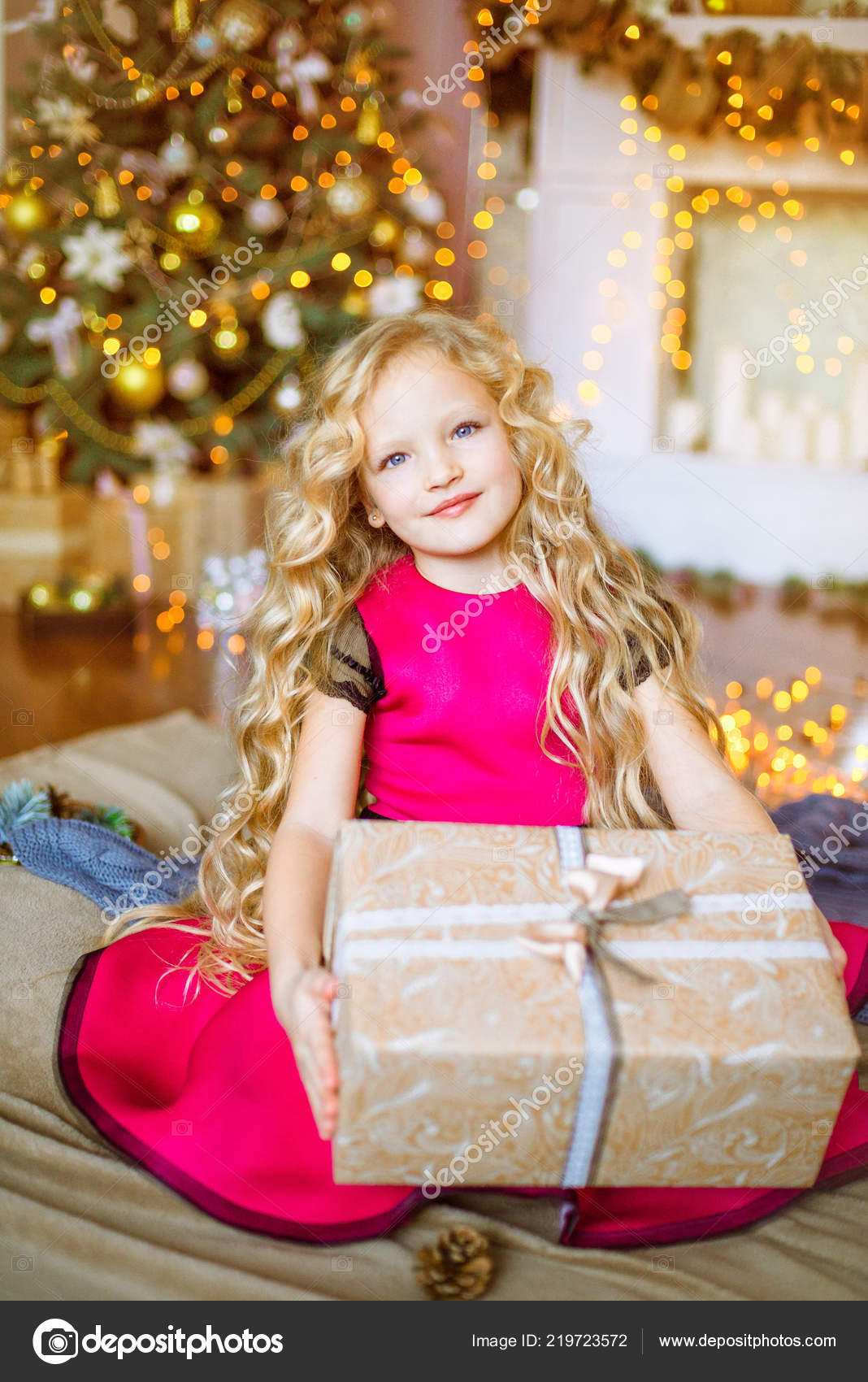 Cute Little Girl Long Curly Blond Hair Home Christmas Tree Stock
