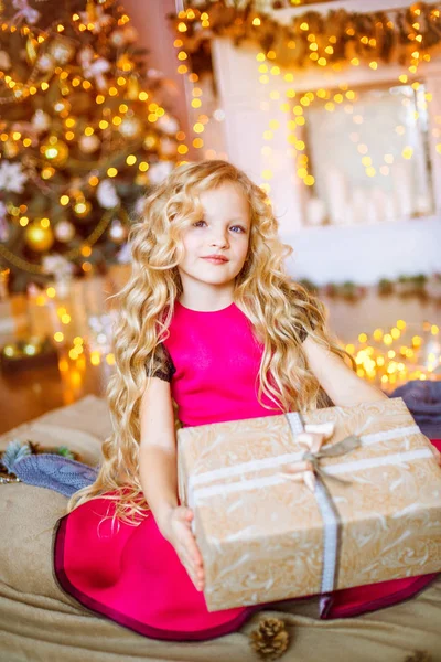 Cute Little Girl Long Curly Blond Hair Home Christmas Tree — Stock Photo, Image