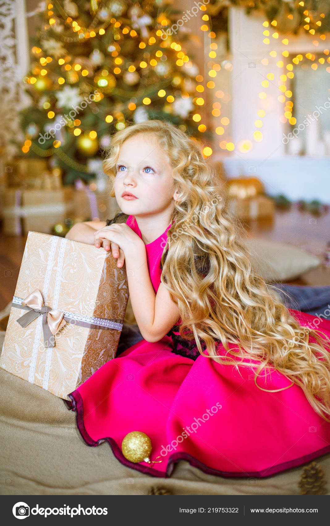 Cute Little Girl Long Curly Blond Hair Home Christmas Tree Stock