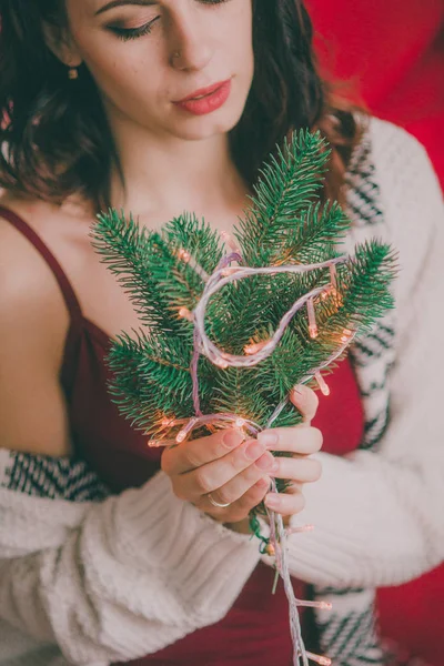 Young Lovely Happy Woman Home Enjoying Christmas Tree — Stock Photo, Image