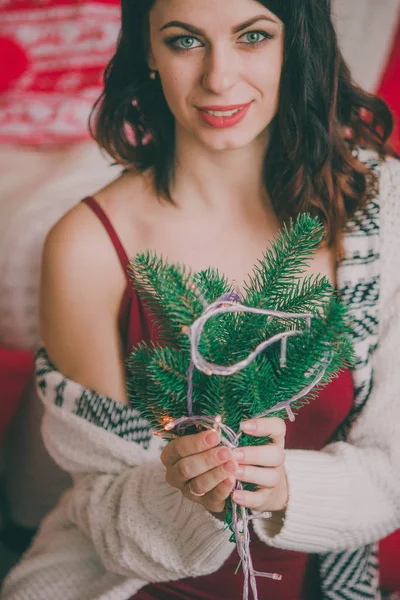 Young Lovely Happy Woman Home Enjoying Christmas Tree — Stock Photo, Image