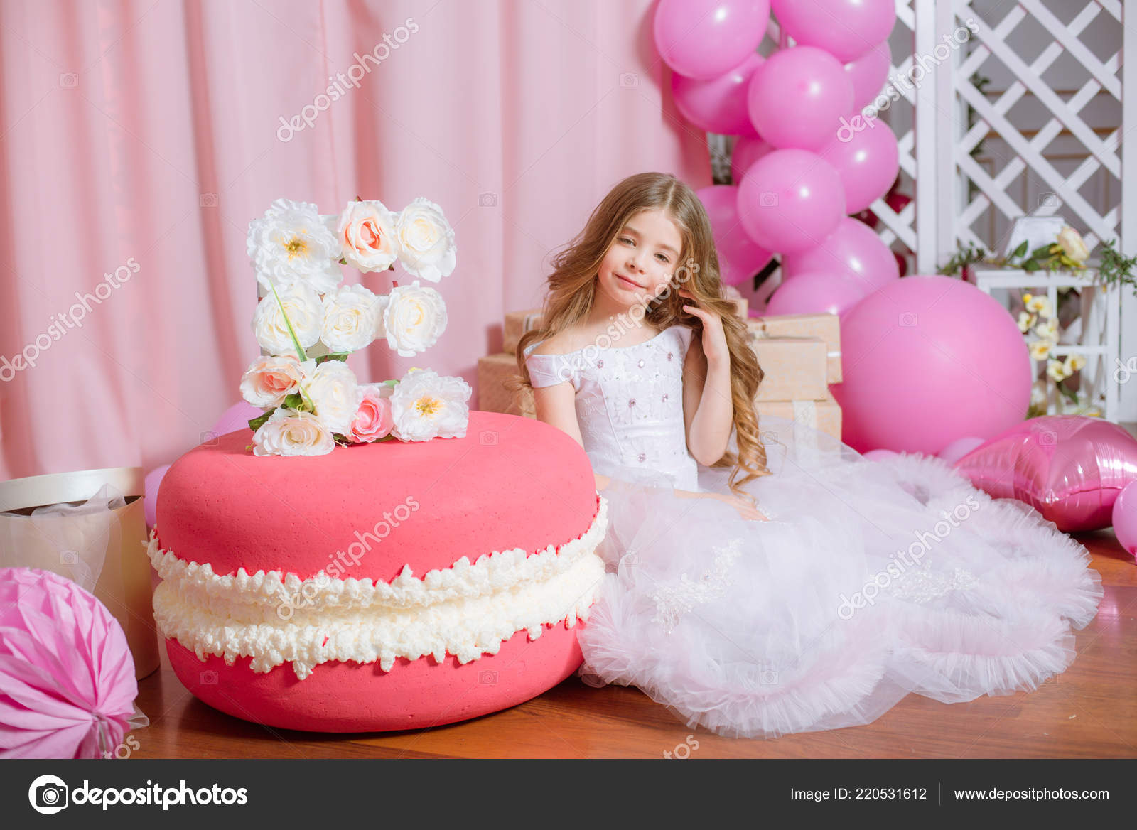 Little Girl Blond Long Hair Celebrate Happy Birthday Party Rose