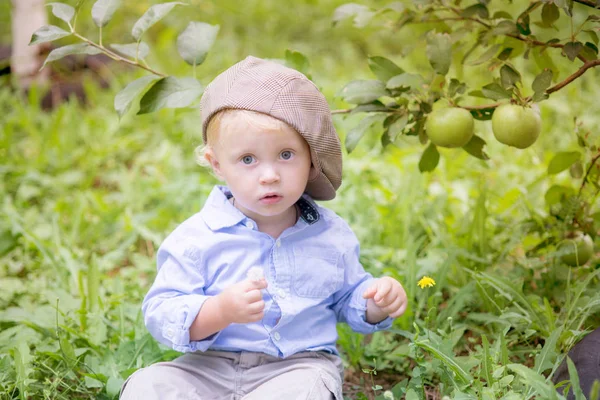 Lindo Niño Con Pelo Rubio Otoño Jardín Manzanas —  Fotos de Stock