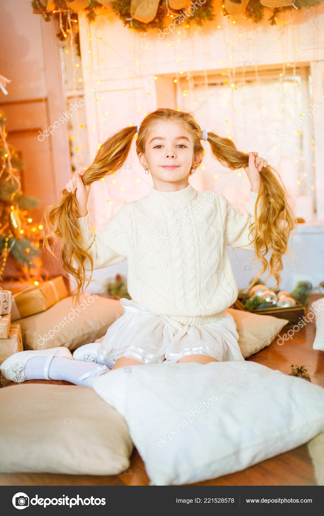 Cute Little Girl Blond Long Curly Hair Light Knitted Sweater