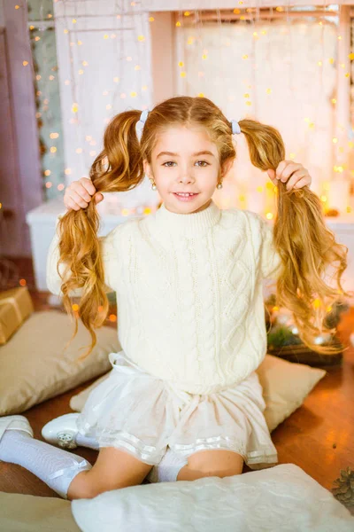 Cute Little Girl Blond Long Curly Hair Light Knitted Sweater — Stock Photo, Image