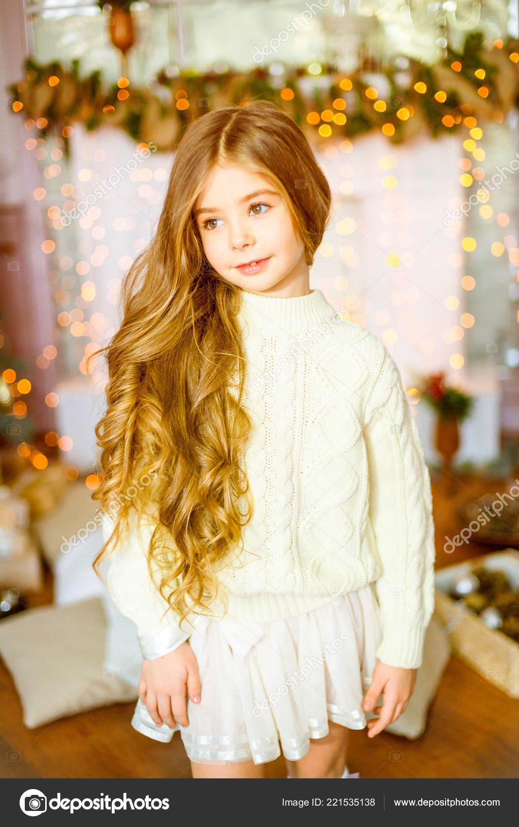 Cute Little Girl Blond Long Curly Hair Light Knitted Sweater