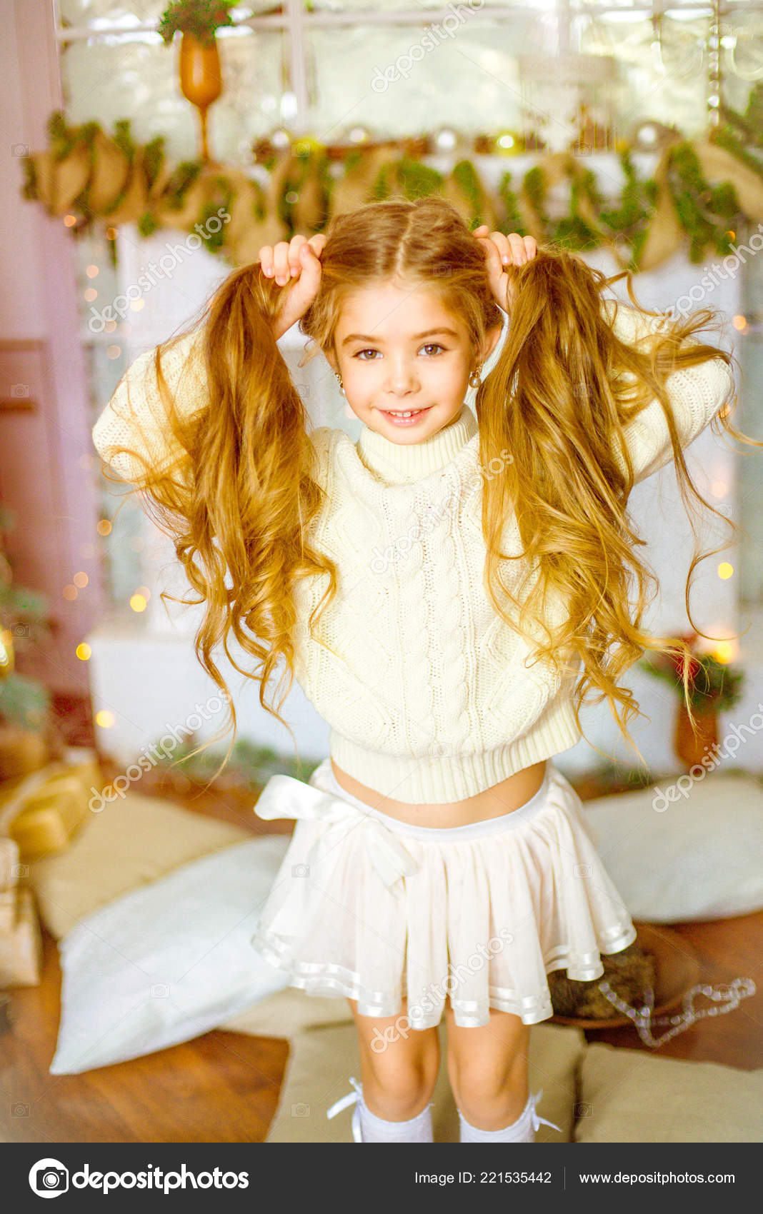 Cute Little Girl Blond Long Curly Hair Light Knitted Sweater
