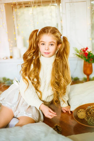 Cute Little Girl Blond Long Curly Hair Light Knitted Sweater — Stock Photo, Image