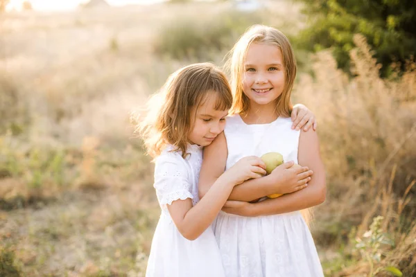 Irmãzinhas Bonitos Vestidos Brancos Rir Com Maçãs Peras Campo Dia — Fotografia de Stock