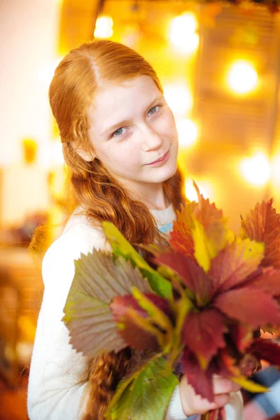 Red Haired Teenager Girl Studio Fall Scenery Yellow Leaves — Stock Photo, Image