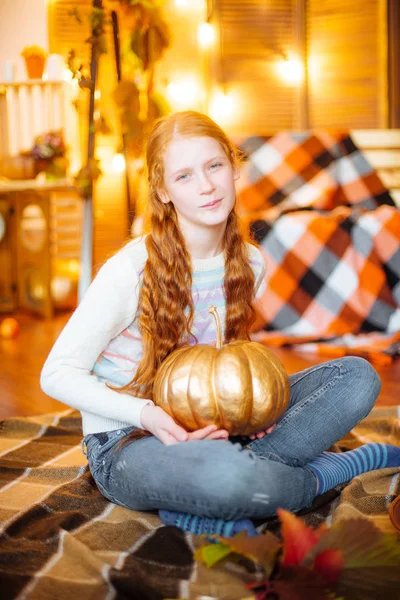 Red Haired Teenager Girl Studio Fall Scenery Yellow Leaves Pumpkin — Stock Photo, Image