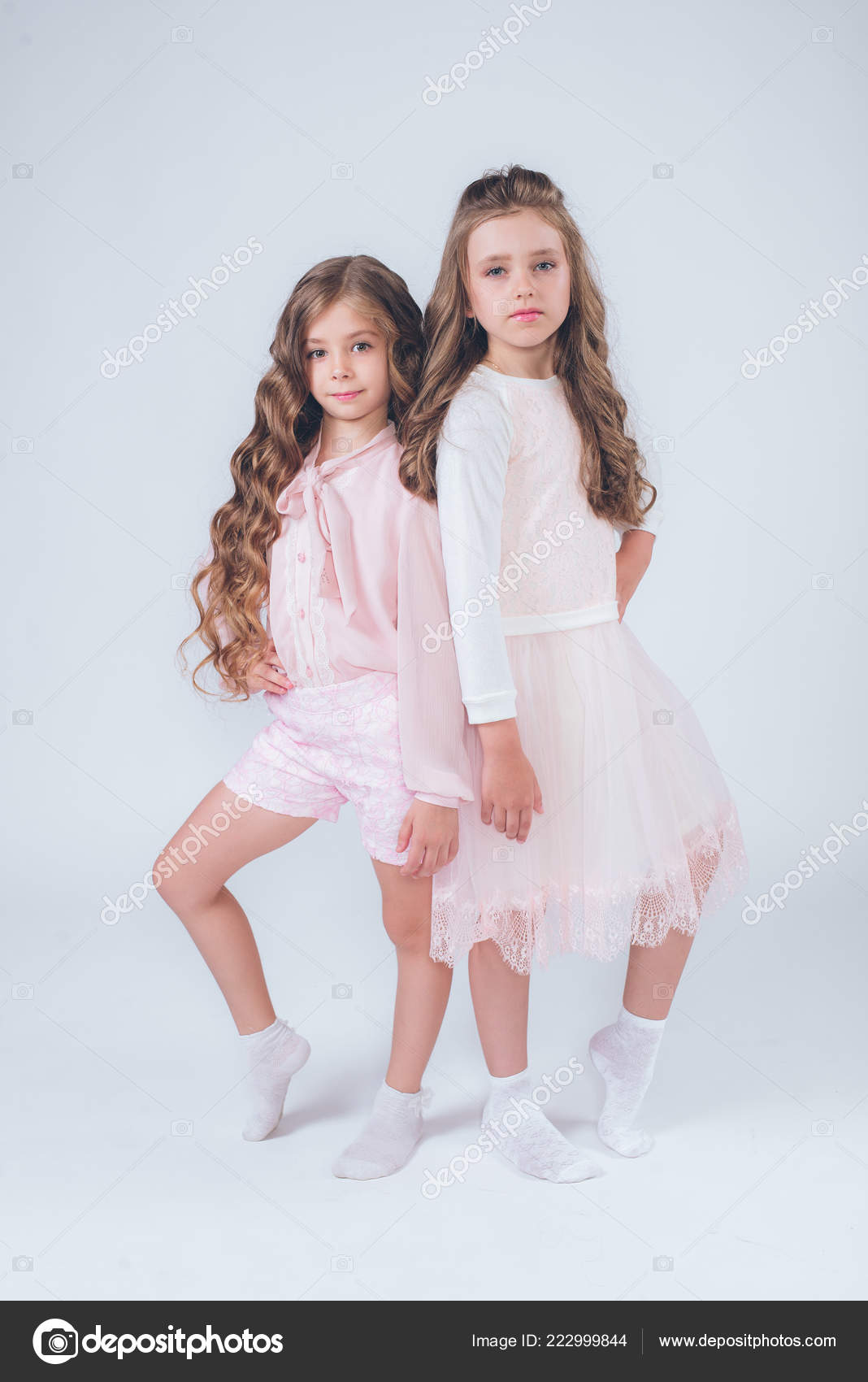 Cute Little Girls Curly Hair Fashionable Clothes White Pink Studio