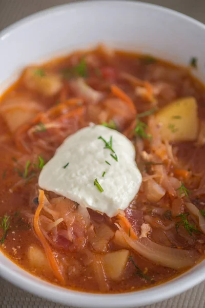 Borscht 由甜菜和蔬菜制成的红汤和大蒜卷的酸霜 乌克兰 俄罗斯和波兰美食的传统菜肴 — 图库照片