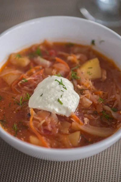 Borscht Red Soup Made Beetroot Vegetables Sour Cream Served Garlic — Stock Photo, Image