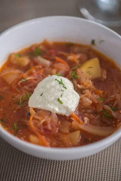 Borscht 由甜菜和蔬菜制成的红汤和大蒜卷的酸霜 乌克兰 俄罗斯和波兰美食的传统菜肴 — 图库照片