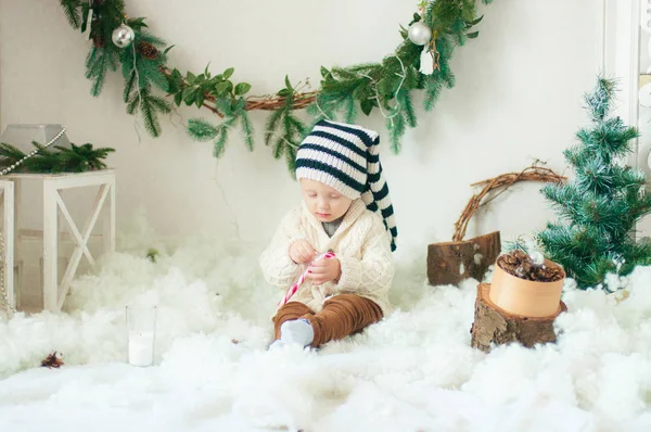 Little Cute Baby Blond Curly Hair Knit Cardigan Warm Hat — Stock Photo, Image