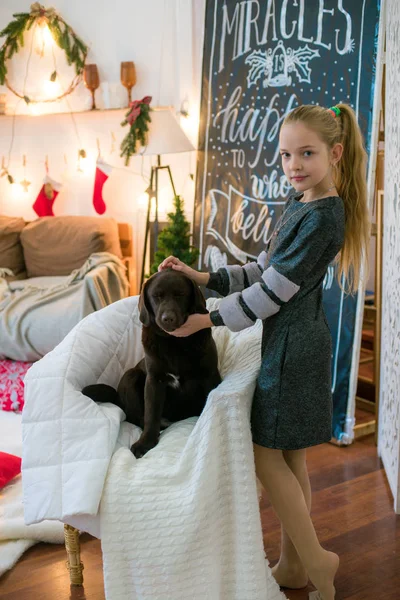 Aranyos Lány Szőke Haj Szórakozás Otthon Egy Kutya Labrador Otthon — Stock Fotó