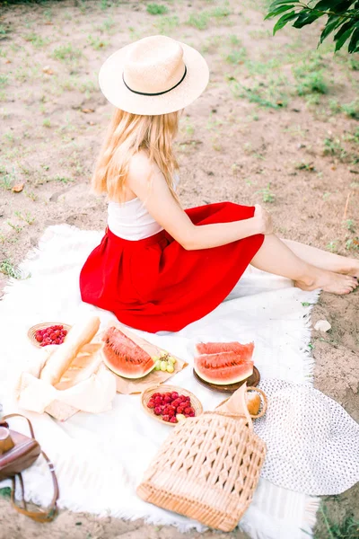 Piękna Młoda Dziewczyna Blond Włosami Zabawy Piknik Ogrodzie — Zdjęcie stockowe