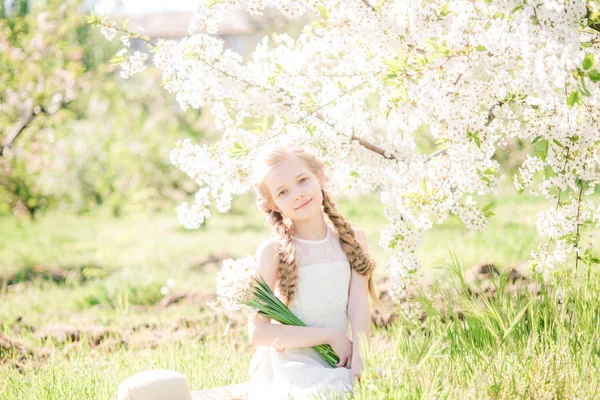 Симпатична Дівчина Світлим Волоссям Білому Сараї Навесні Пишному Саду Нарцисами — стокове фото