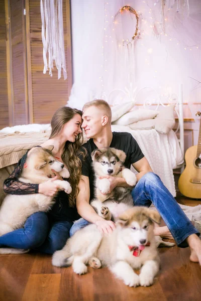 Freudiges Junges Liebespaar Sitzt Schlafzimmer Und Drückt Seine Liebe Malamuten — Stockfoto