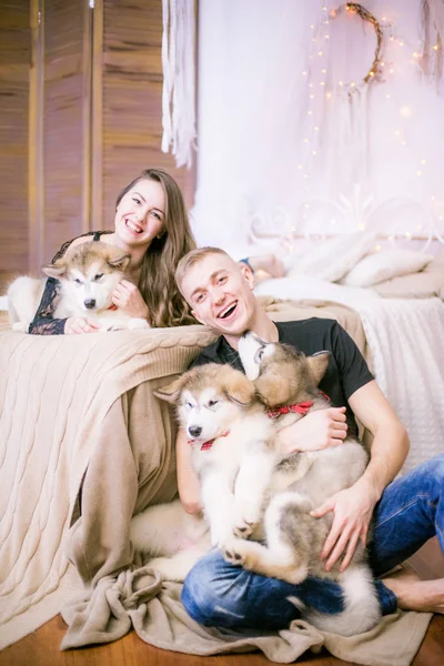 Freudiges Junges Liebespaar Sitzt Schlafzimmer Und Drückt Seine Liebe Malamuten — Stockfoto